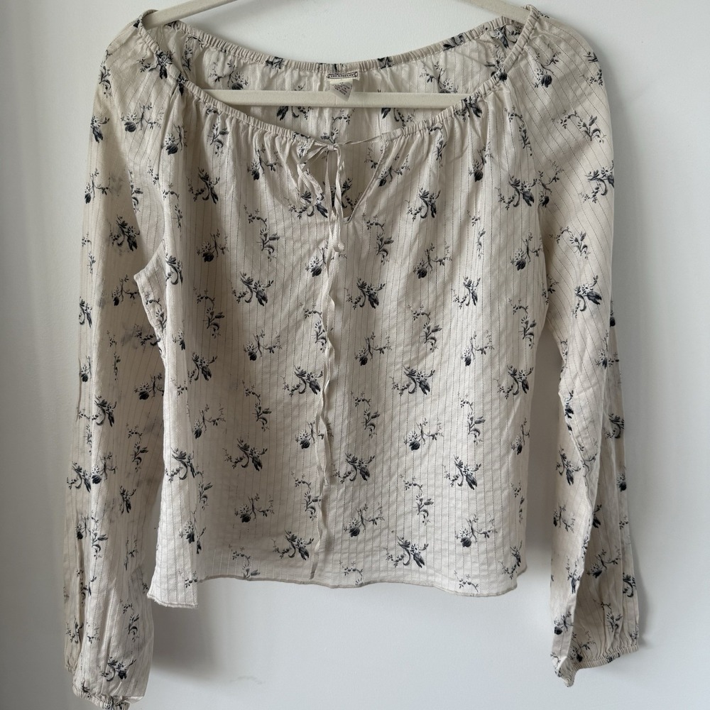 VTG Lucky Brand Women's Floral Peasant Blouse Top Med Boho Tie Front cotton